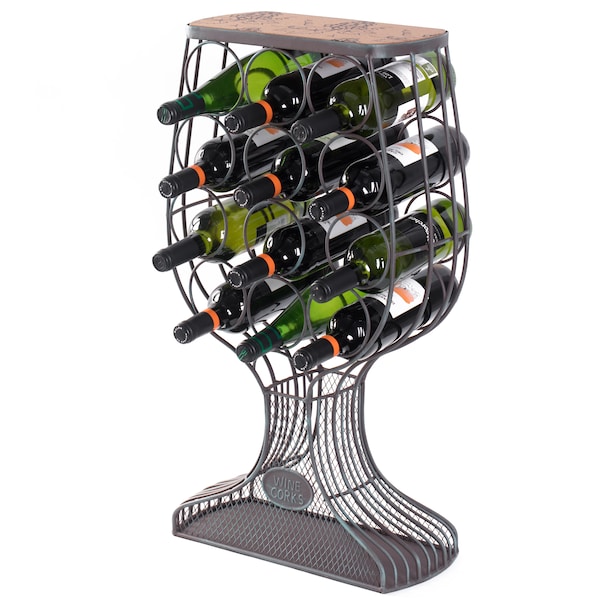 Vintiquewise Freestanding Floor Wine Rack with Wooden and Metal Goblet Design - Holds 12 Bottles QI003568 - main